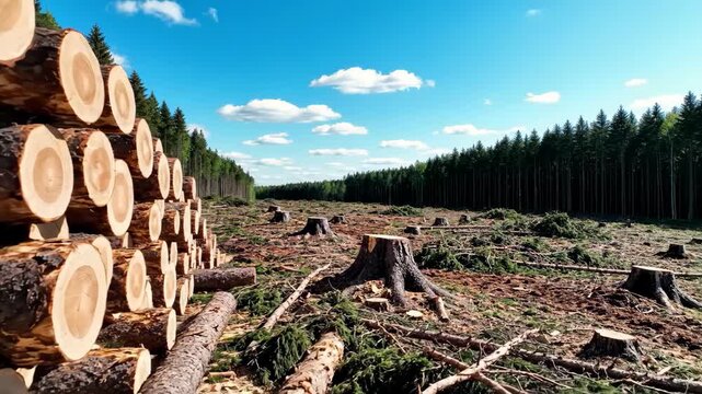 Deforestation Logged Pine Trees Under Blue Skies.
