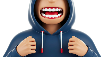 3D Character in Blue Hoodie Showing Teeth