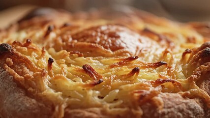 A delectable closeup view of a freshly baked goldenbrown cheesy bread or pizza showcasing its crispy crust and bubbling melted cheese perfect for a comforting meal or appetizer.