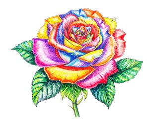 colorful pencils drawing of rose flower isolated on transparent background, png file