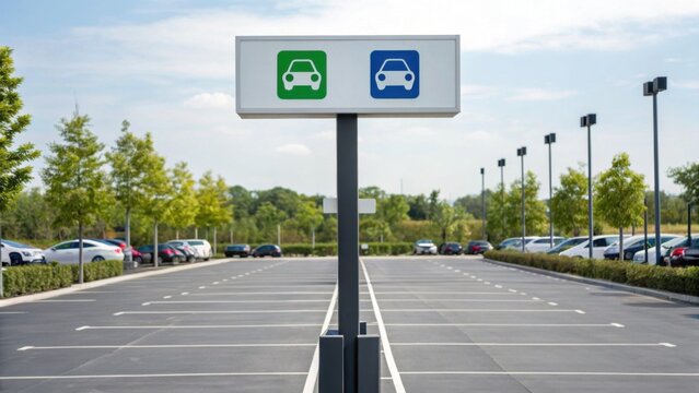 Modern parking lot with smart parking system signboard indicating available spaces, surrounded by trees and parked cars