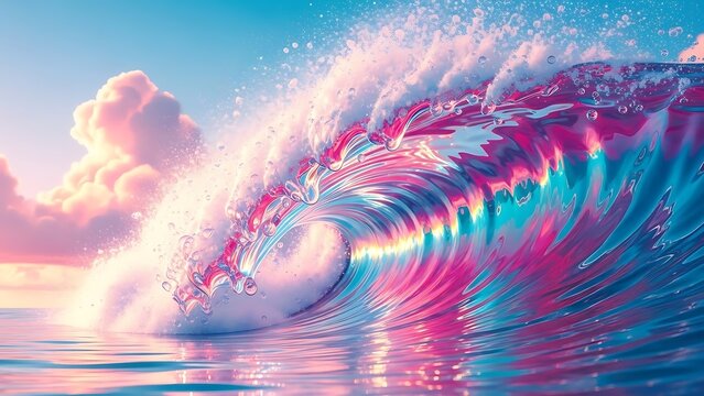 Vibrant ocean wave with colorful iridescent water under surreal pastel sky with puffy clouds
