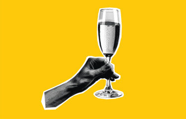 A hand holding a celebration drink. modern halftone collage design element