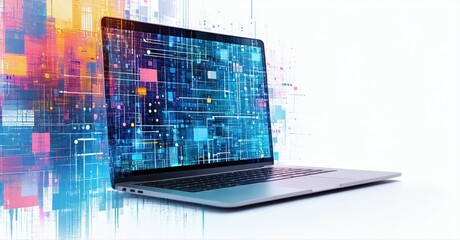 Fototapeta premium Laptop displays complex digital network. Bright colors, geometric shapes create futuristic impression. Reflective surface enhances visual impact.