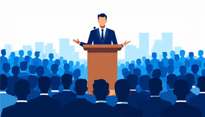 Professional Businessman Giving Speech at Podium with City Skyline Background Vector