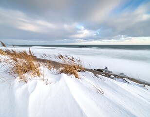 A windswept snow-covered beach on a cloudy, overcast day