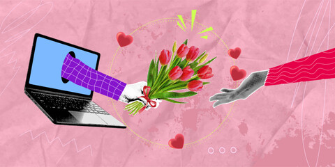 Trendy halftone pop art collage: abstract online portal, laptop, internet, red flowers bouquet, hand through screen, online shopping, isolated on pink background.