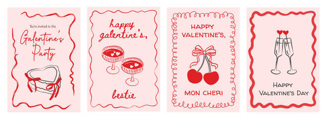 Valentine retro whimsical card set with playful designs. Galentine party invites, cocktail glasses, cherries with bows. Cute love postcards for parties and romantic celebrations. Vector illustration