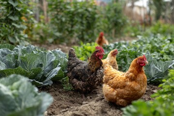 Chickens roaming on small farm near vegetable patch