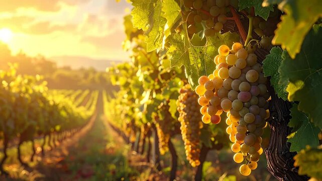 Lush vineyard rows with ripe grapes bathed in warm sunlight during golden hour.