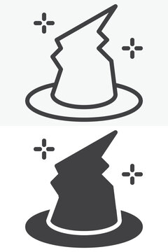 Wizard hat icon set in line and solid style. Outline and filled vector sign with editable stroke, sorcerer symbol icon for magic, spells and fantasy illustrations.