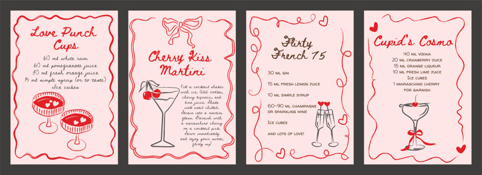 Valentine cocktail recipe card vector set, retro whimsical style with handwritten drinks, cherries, hearts. Printable bar menu or kitchen wall art for Valentine parties, dates, Galentine celebrations.