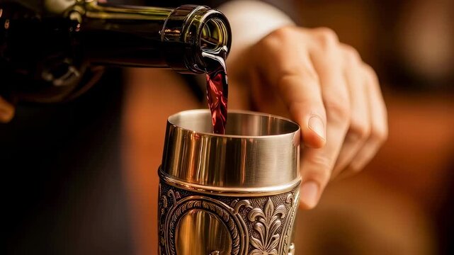 Man hand pouring red wine from a bottle into a vintage metal goblet. Ceremonial drink for religious holidays or celebration.