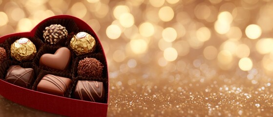 Indulgent chocolate heart box romantic setting food photography warm glow close-up sweet temptation