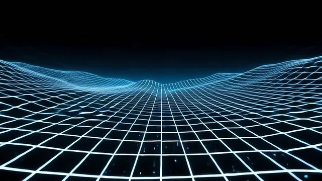 Neon blue grid pattern with a vanishing point perspective against a dark background with a futuristic and technological mood.