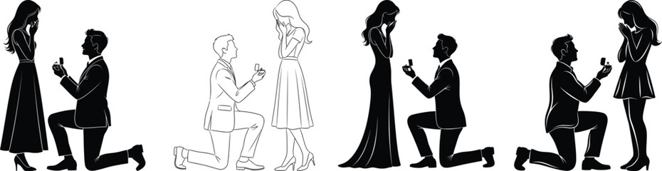 Happy valentines day silhouette of a man proposing to a woman with hearts, isolated on transparent white background