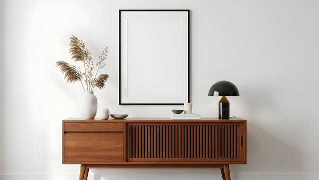 Mid century modern wooden sideboard with decorative items and empty picture frame