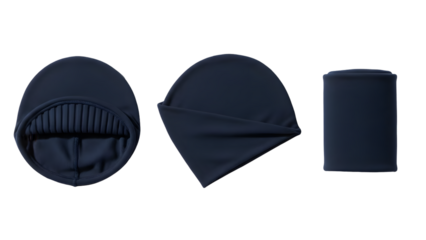 Three navy blue beanie sets isolated on transparent background for fashion and accessory purposes