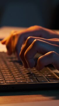 Close-up of hands typing on a laptop keyboard in a dark room with warm light. Vertical video.