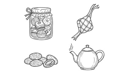 Charming hand-drawn collection of traditional holiday snacks and beverages, featuring a cookie jar, steaming teapot, and festive rice dumplings in a line art style