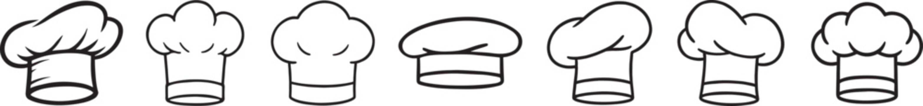 Hand drawn silhouette chef and cook hat set, doodle style culinary headwear vector icons.