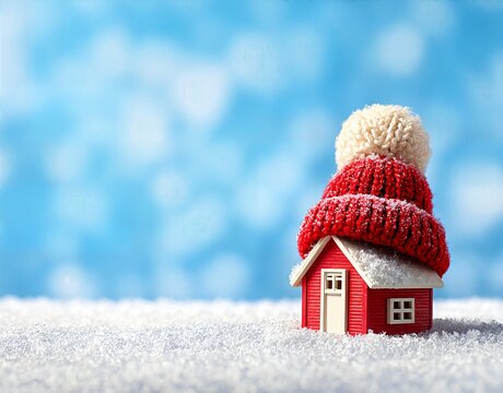 Miniature red house wearing a red knitted hat with white pompom in snow