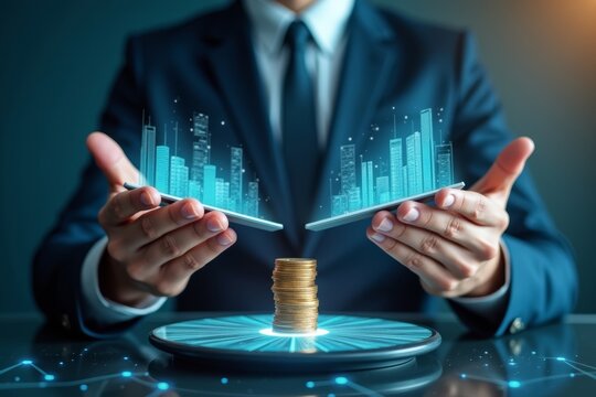 Beautiful businessman using AI-enhanced holographic screens to balance coins on levitating platform, representing the future of financial management.