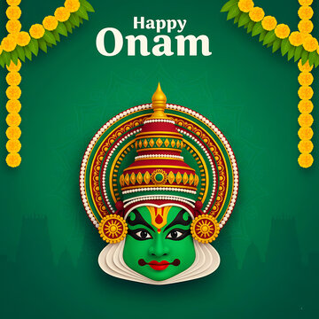 Vibrant Onam celebration with traditional Kathakali face makeup design