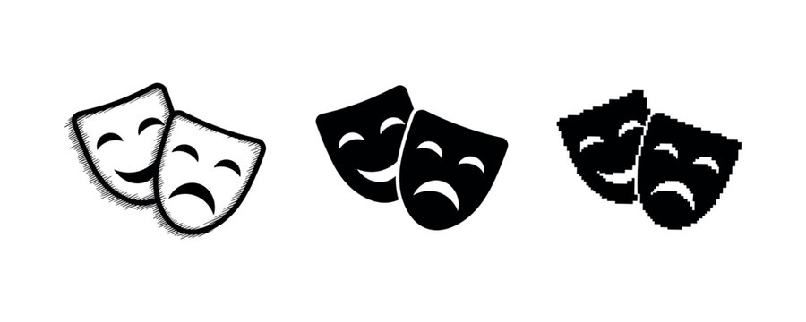 Set of three theater comedy and tragedy masks with different styles