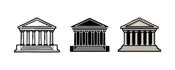 Naklejka premium Classical architecture icons: three greek temple designs in diverse artistic styles
