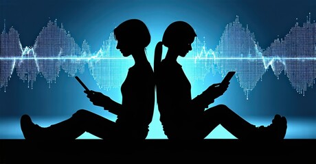 Silhouettes depict two people using phones. Background shows sound waves, suggesting communication or digital connection. Modern lifestyle imagery.