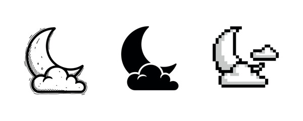 Artistic interpretations of the moon and clouds: sketch, silhouette, pixel art