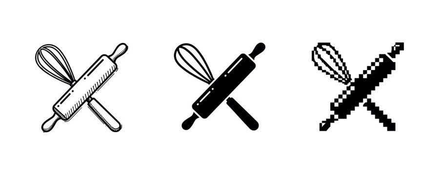 Rolling pin and whisk icon variations in line, solid, and pixel styles