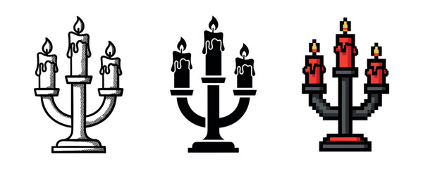 Vintage and pixel art candelabra trio with lit candles