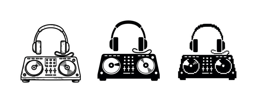 Retro dj equipment: three variations of turntables with headphones