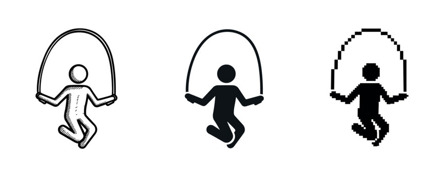 Jumping rope figure icons: sketch, solid, pixel art styles