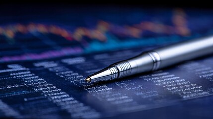 Silver pen pointing to financial data on a digital screen display