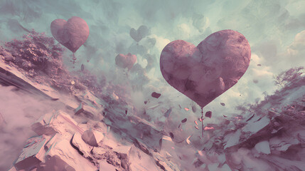 静寂の中に浮かぶ石のハート　感情と記憶の抽象風景