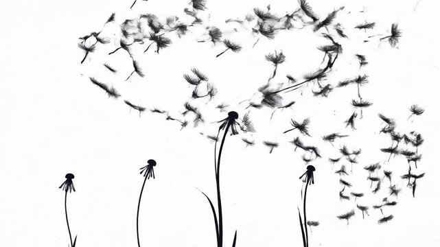 Dandelion seed illustrations in black and white, creating a whimsical and airy composition.