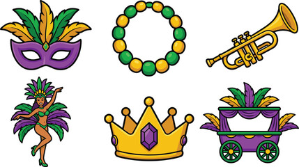 Colorful Mardi Gras icons featuring mask, beads, trumpet, carnival dancer, crown, and parade float in festive purple, green, and gold
