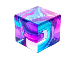 A transparent, cubic structure with flowing, vibrant, liquid interior design