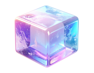 A translucent cube with internal space-like colors and textures