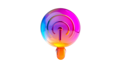 Colorful, glossy orb with a power button symbol and a short handle on black