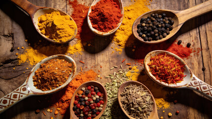 Fototapeta premium Assortment of Colorful Spices and Herbs in Wooden Spoons on Rustic Table