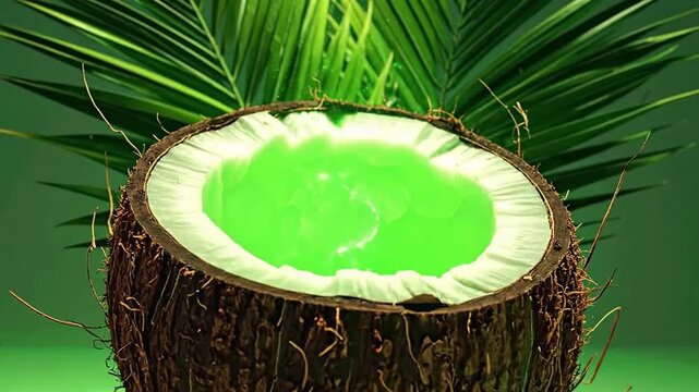 Tropical refreshment concept featuring a halved coconut with vibrant green liquid and palm fronds.
