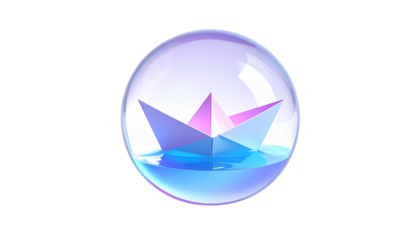 Paper boat floats inside a transparent sphere above a calm, liquid surface