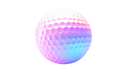 Rendered golf ball with dimples in colorful, gradient lighting, on black