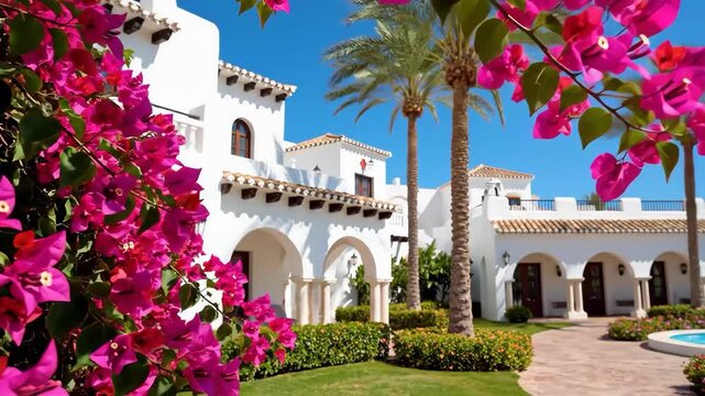 Spanish Villa Oasis Pink Bougainvillea Frames White Stucco  Palms.