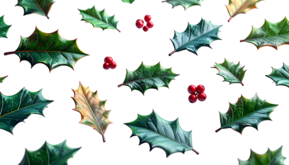 Realistic holly leaves and red berries on a black background, scattered