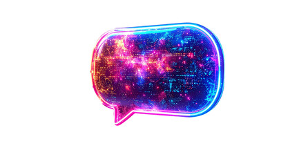 Glowing cosmic speech bubble, vibrant neon colors on black background